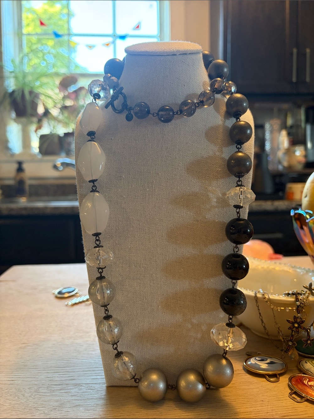 Branded Elegant Two-Tone Beaded Statement Necklace in White and Gunmetal